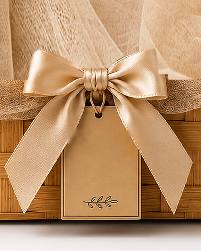 A champagne satin bow and a blank kraft tag on a wicker basket