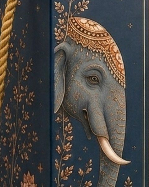 A painted elephant with an ornate gold headdress on a navy box