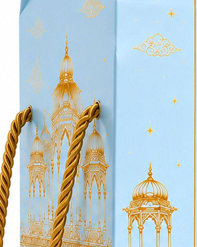 A twisted gold rope handle set into a box printed with a gold palace